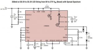 Led driver puts out 1.6A at up to 38V, from 5-38V